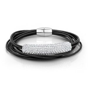 Black Leather Shamballa Tube Bracelet with Magnetic Clasp